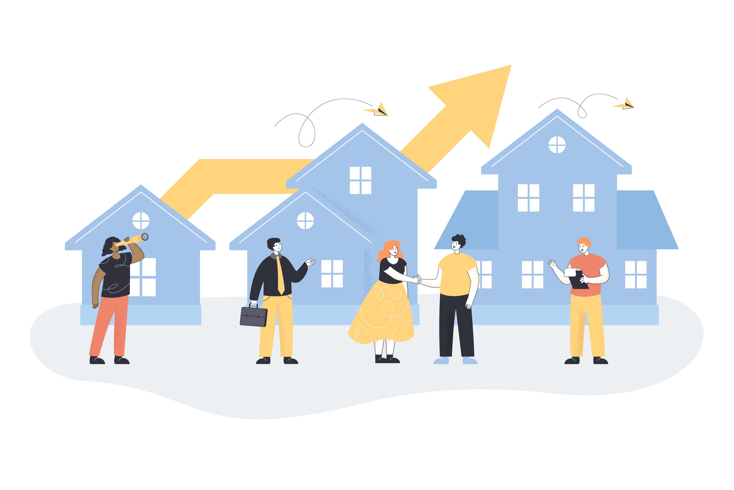Agents immobiliers en miniature avec clients devant des maisons