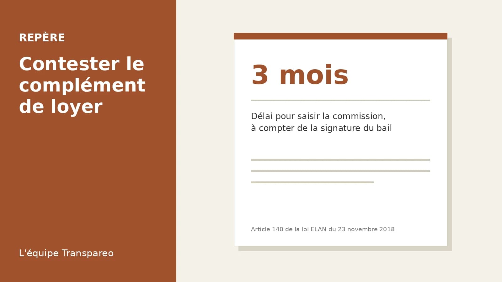 Illustration Transpareo : 3 mois, Délai pour saisir la commission, à compter de la signature du bail (Article 140 de la loi ELAN du 23 novembre 2018)