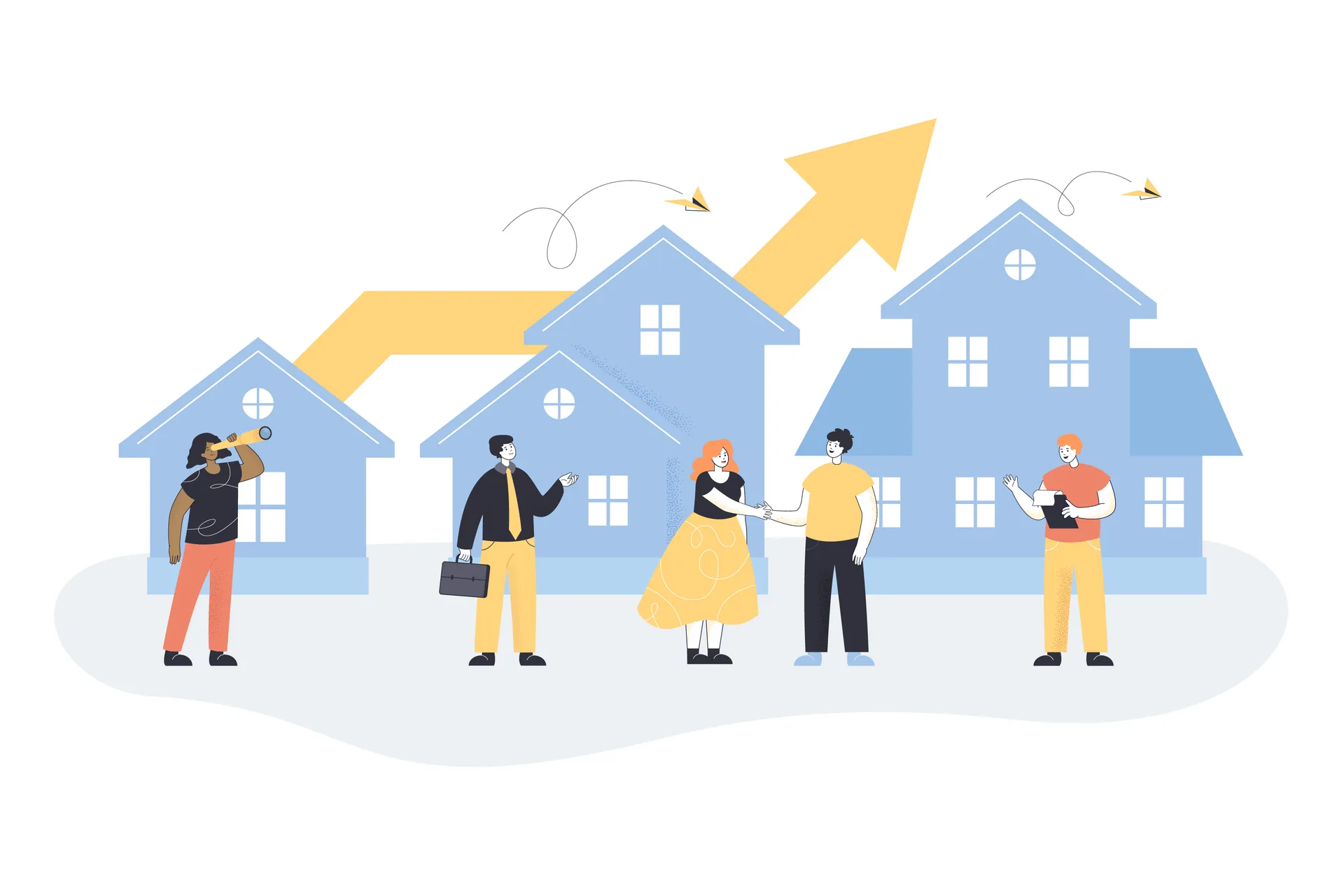 Agents immobiliers en miniature avec clients devant des maisons